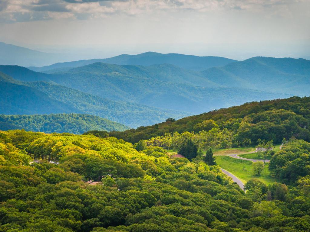 View of Skyline Drive and the Blue Ridge Mountains from Stony Man Mountain in Shenandoah National Park, Virginia.