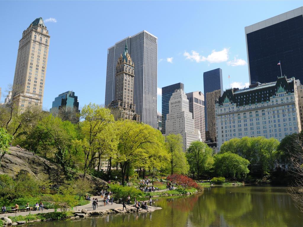 Central Park, New York City, USA taken at The Pond, with trees and the city skyline in the background, taken on a beautifully clear sunny day.