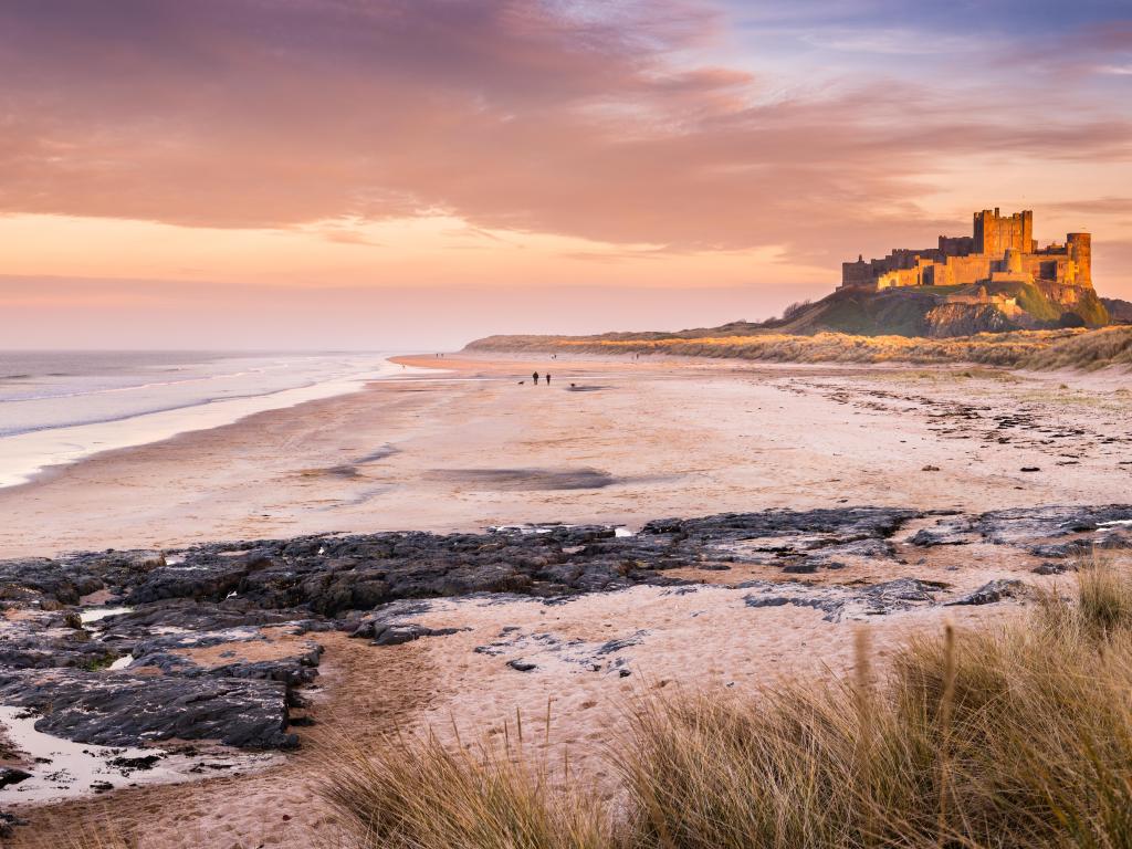 Bamburgh Castle, Northumberland coastline, UK with a view of the castle on the Northumberland coastline, bathed in late afternoon golden sunlight