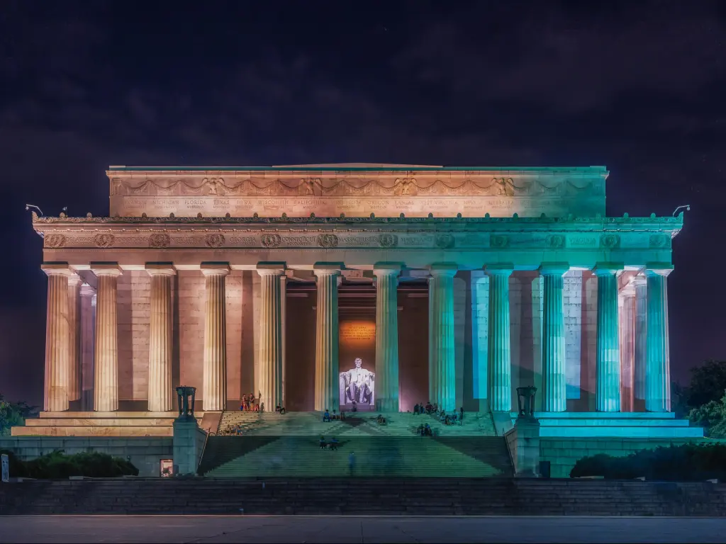 Night view of the Lincoln Memorial, Washington DC, with blue light cast on the monument