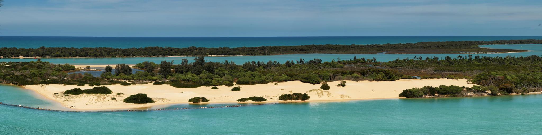 Panorama of turquoise water and white sand beaches at Lake Entrance, Australia