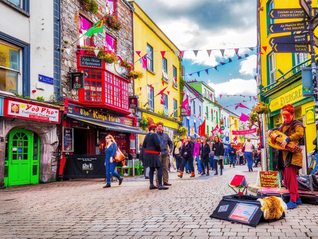 Galway, Ireland with a street view in Galway on a summers day with bunting in the street. 