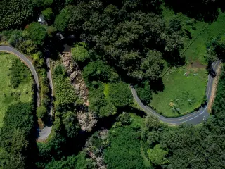 Aerial shots of Road to Hana weaving through the bamboo forest, on Maui, Hawaii