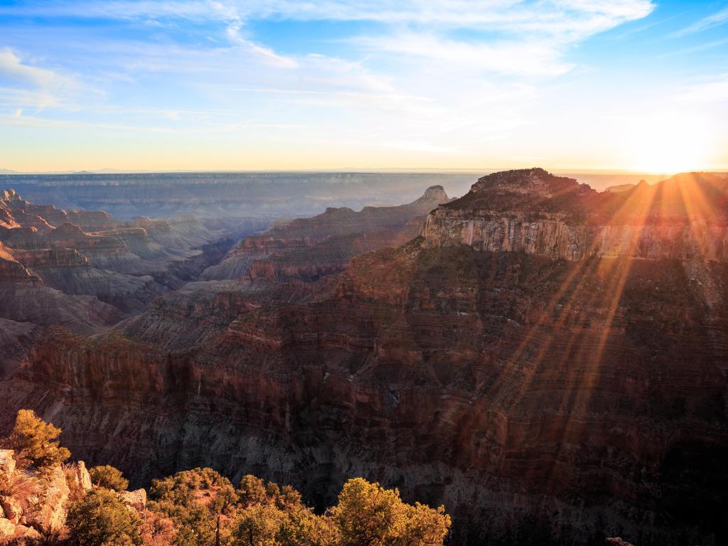 Grand Canyon National Park, Arizona, USA taken at the North Rim at sunset at Bright Angel Point.