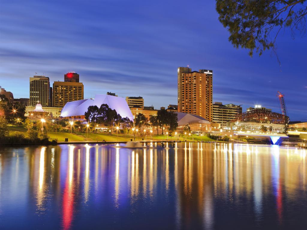 Adelaide city high rise buildings reflecting in still waters of Torrens River