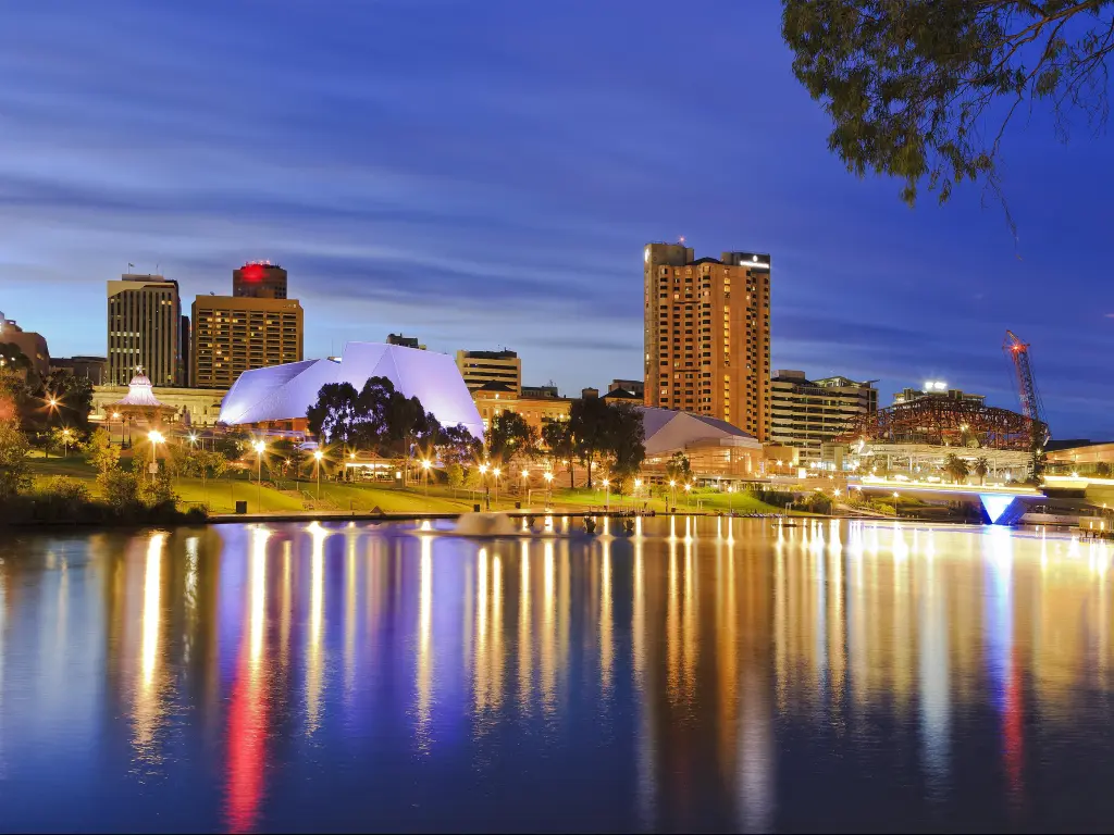 Adelaide city high rise buildings reflecting in still waters of Torrens River