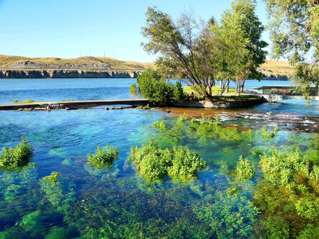 Giant Springs State Park, clear waters surrounded by trees and green scenery 