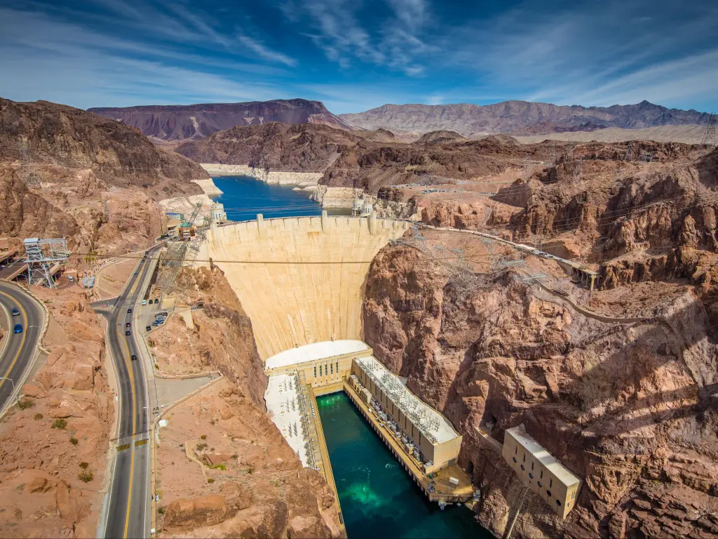 Aerial wide angle view of famous Hoover Dam, a major tourist attraction located on the border between the states of Nevada and Arizona