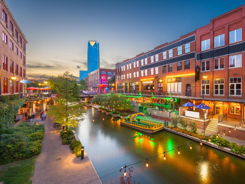 Oklahoma City, Oklahoma, USA cityscape in Bricktown at dusk.