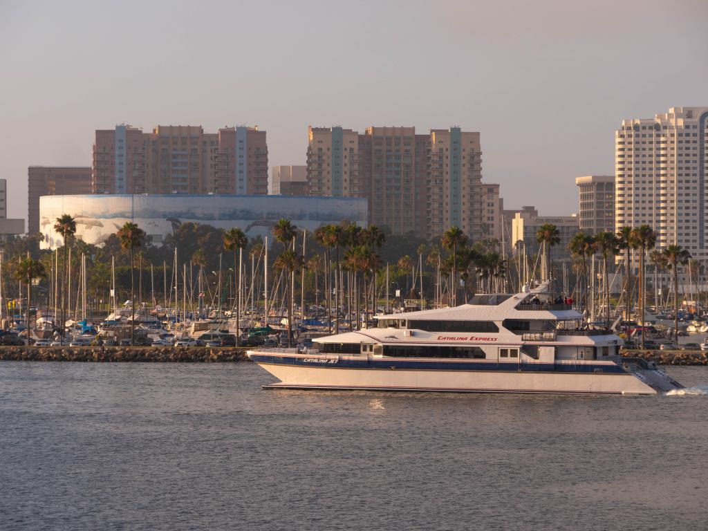 Catalina Express is cruising along Long Beach Harbor during sunset. 