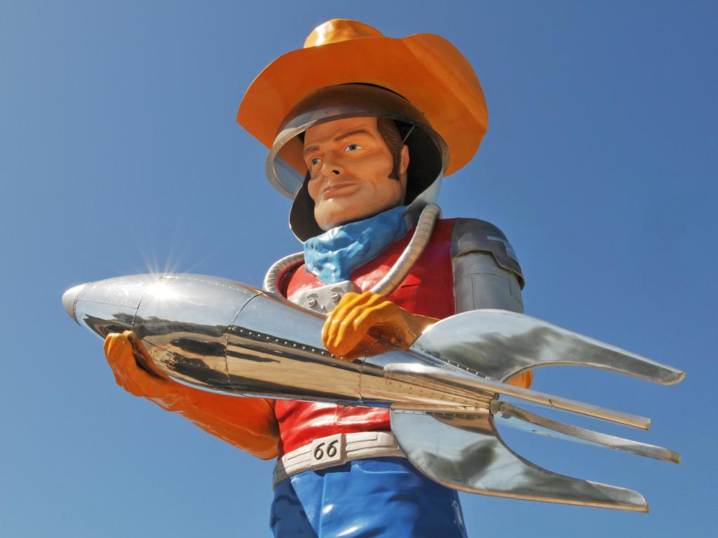 The Buck Atom Space Cowboy Muffler Man stands outside the Buck Atom's Cosmic Curios store on Route 66 in Tulsa, Oklahoma