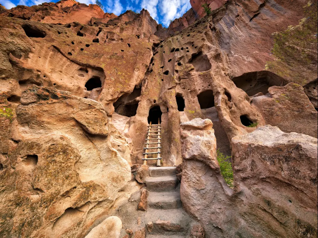 Bandelier National Monument, USA with a view of the cliff dwellings in the cliff face.