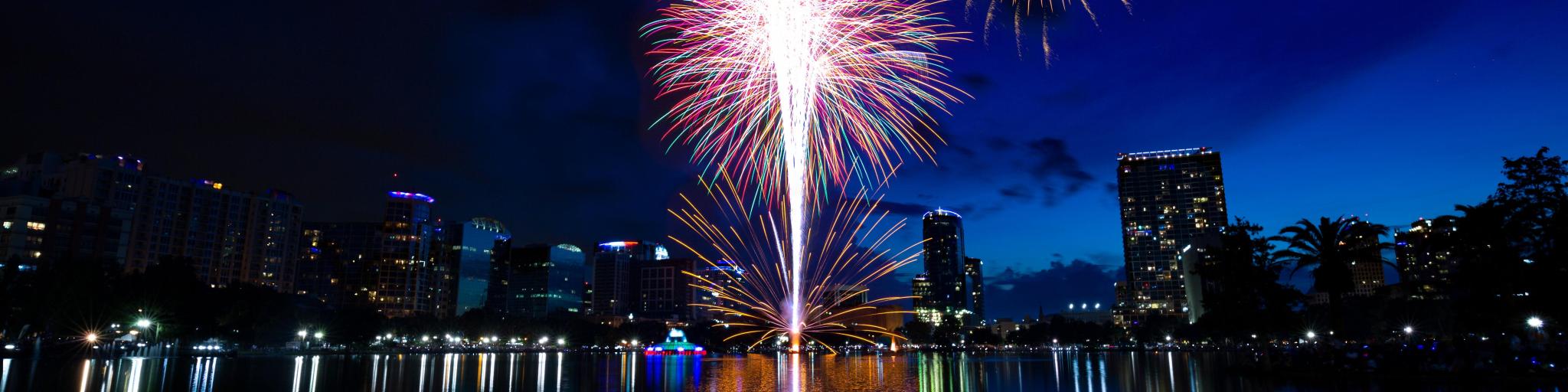 Independence Day in Orlando Florida. Fourth of July Fireworks in Lake Eola, Orlando downtown area.