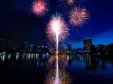 Independence Day in Orlando Florida. Fourth of July Fireworks in Lake Eola, Orlando downtown area.