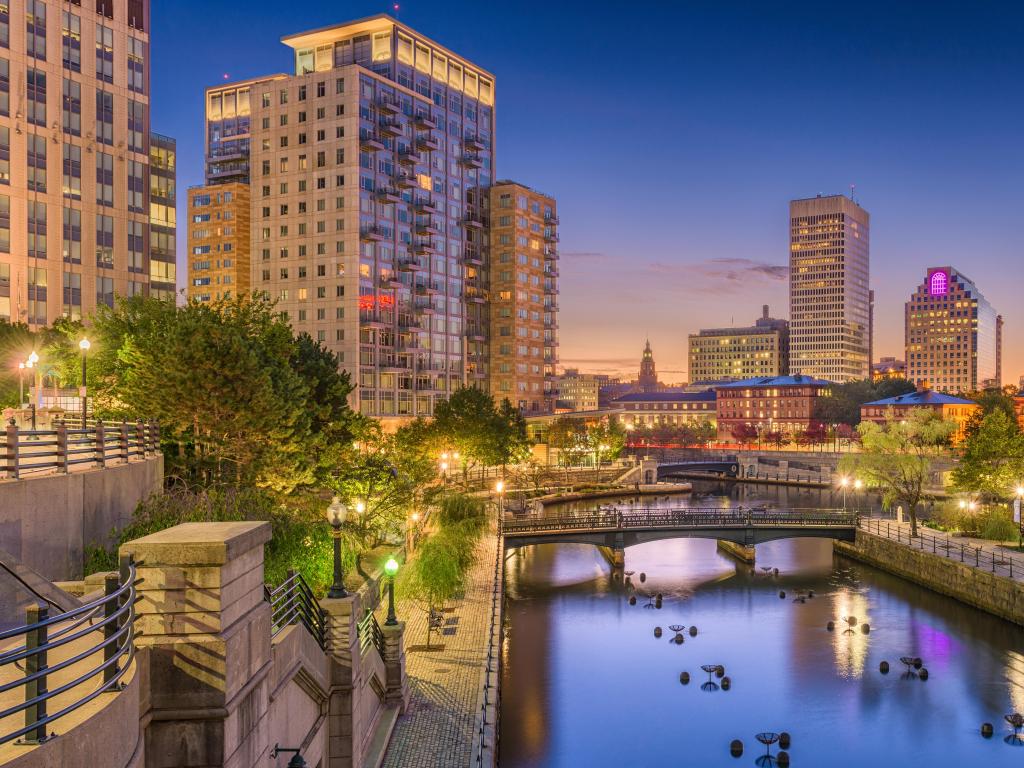 Providence, Rhode Island, USA park and skyline at evening.