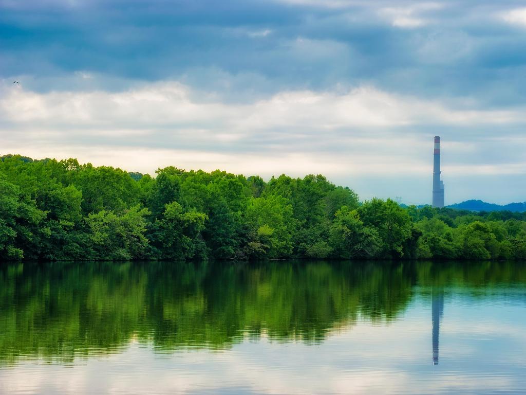 Melton Lake Park, Oak Ridge, Tennessee, USA on of the towers of Bull Run Fossil Plant from the opposite shoreline of Melton Lake Park.