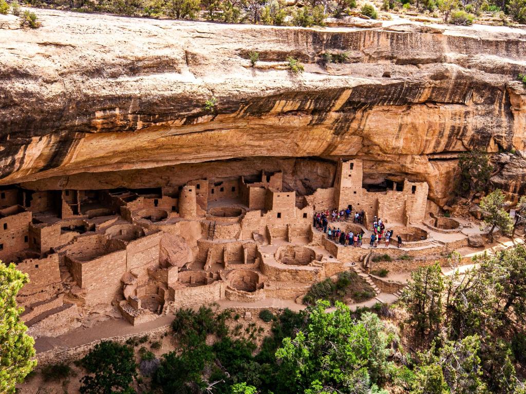 Tourists visit the cream colored ruins at Cliff Palace in Mesa Verde National Park