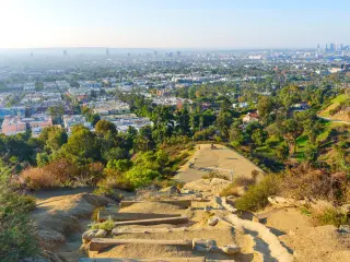 View of Los Angeles skyline from Runyon Canyon Park on a sunny day