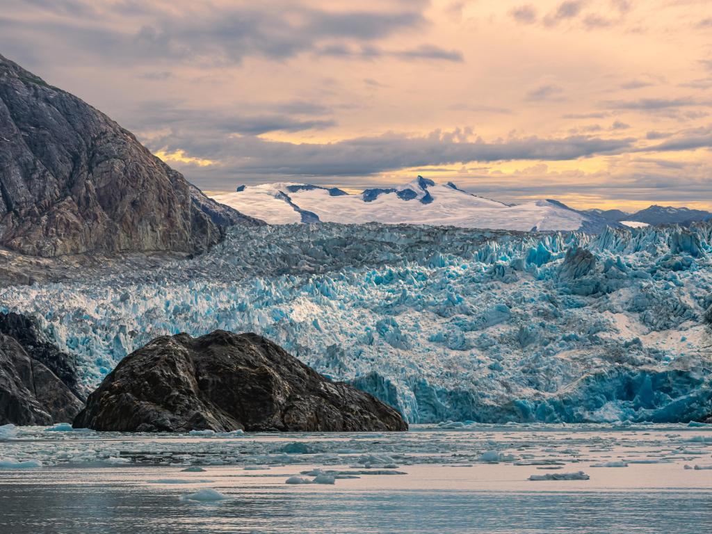 Beautiful sunset at Sawyer Glacier in Tracy Arm fjord near Juneau Alaska.