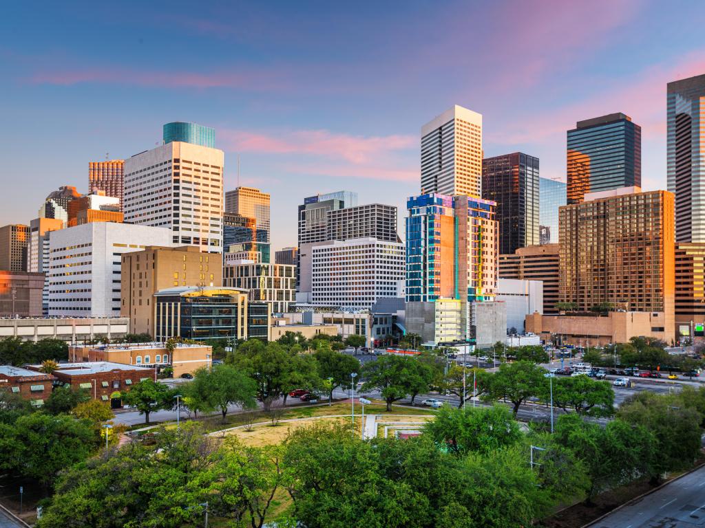 Houston, Texas, USA downtown park and skyline at twilight.