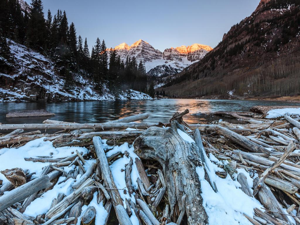 Maroon Bells in White River National Forest, Colorado, USA at winter.
