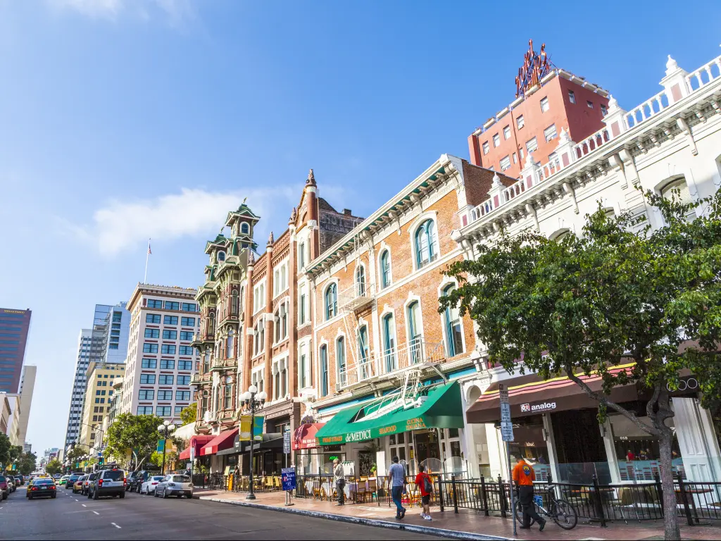The Gaslamp Quarter Historic District in San Diego on a clear and warm sunny day in June