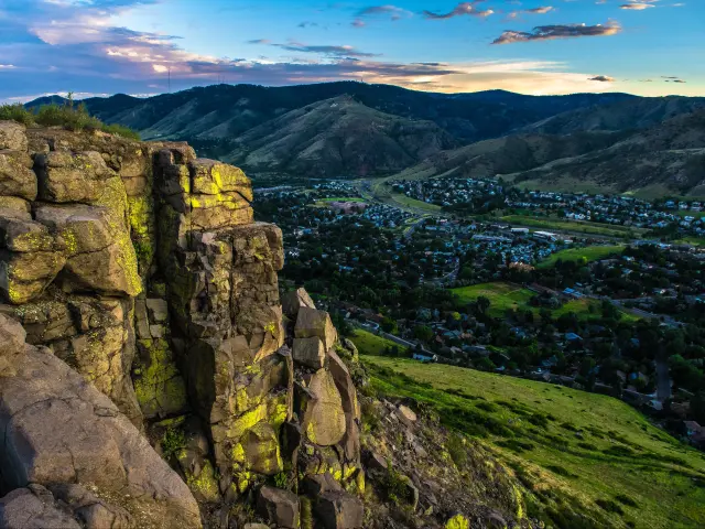 Aerial view with sunset across downtown Golden, Colorado