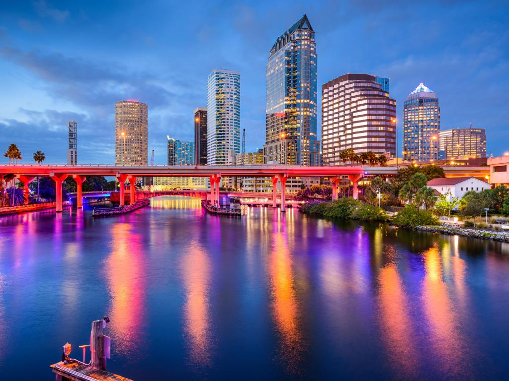 Downtown Tampa skyline seen from the Hillsborough river at night