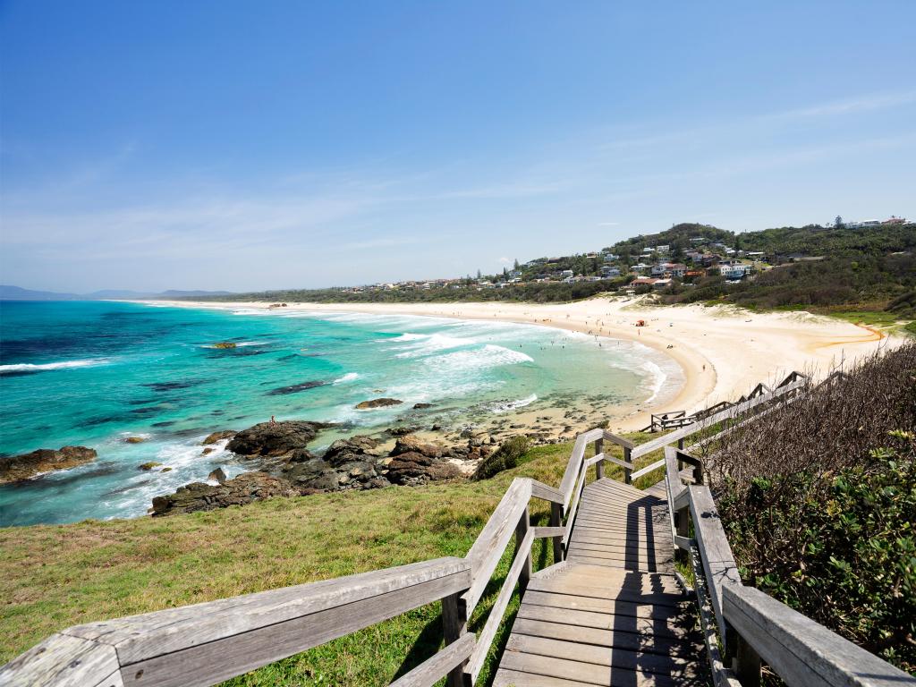 Port Macquarie, NSW, Australia taken at Tacking Point Lighthouse with steps down to a beach.