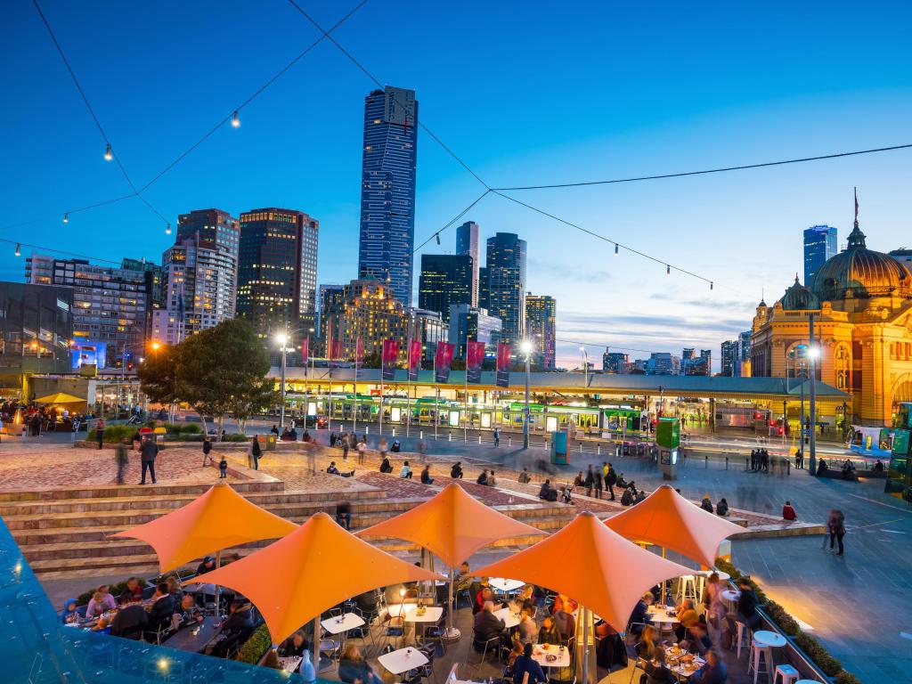 Melbourne, Australia city skyline at twilight.