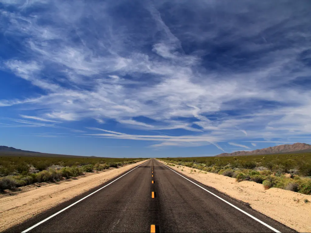 An empty highway of Interstate 40 on Mojave National Preserve first light