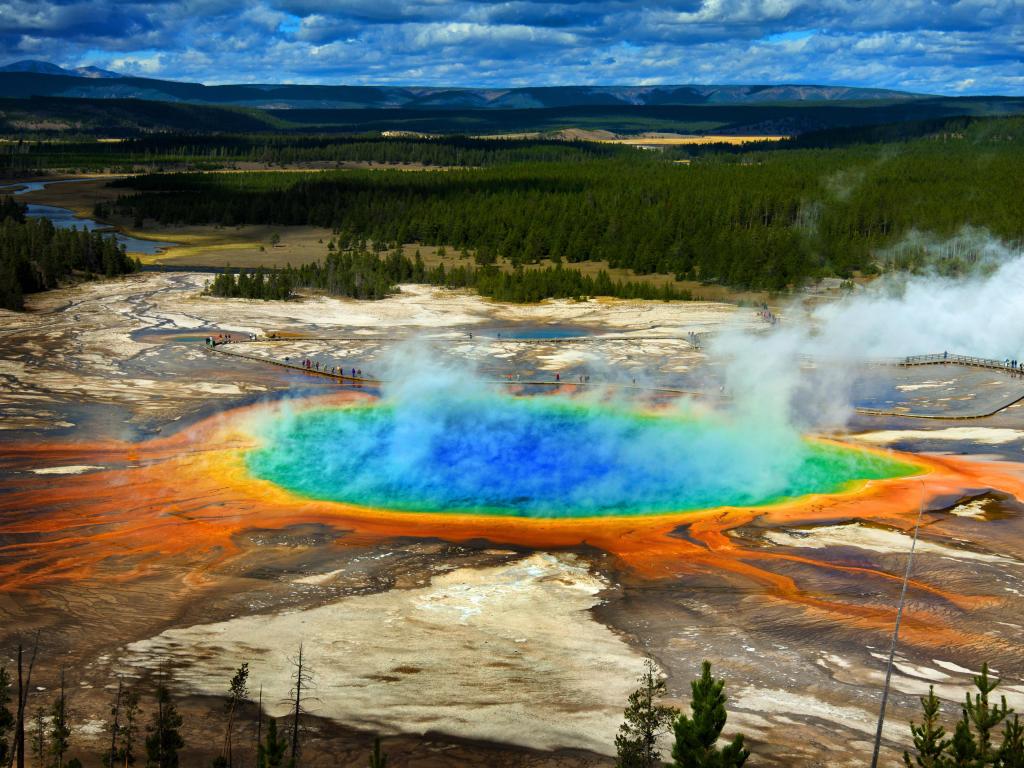 Yellowstone National Park, USA with a rainbow of colours surrounding the Grand Prismatic Pool and a woodland in the background. 