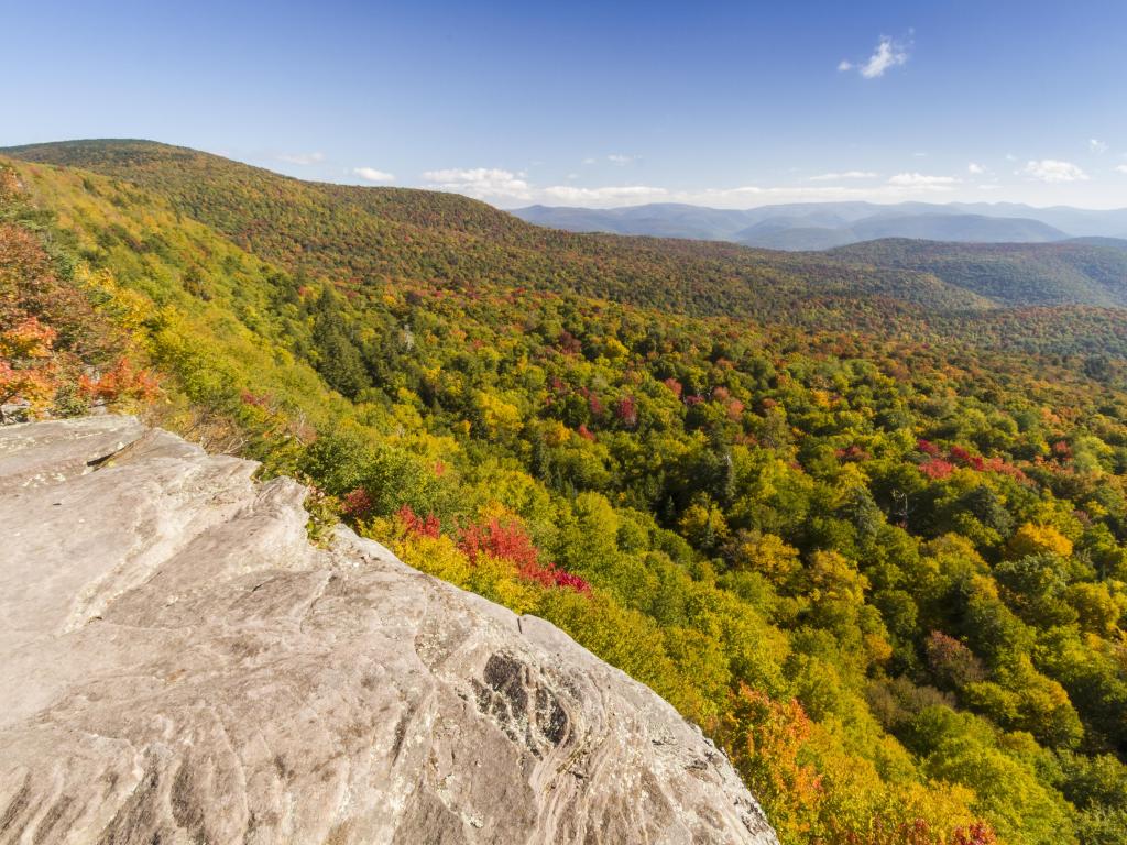 Catskills Mountains, New York, USA taken from a giant ledge and looking down at the woodland valley below on a clear sunny day. 