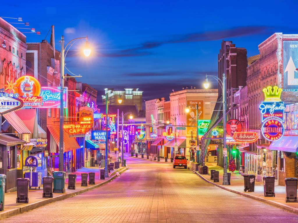 Memphis, Tennessee, USA with the Blues Clubs on historic Beale Street at twilight.