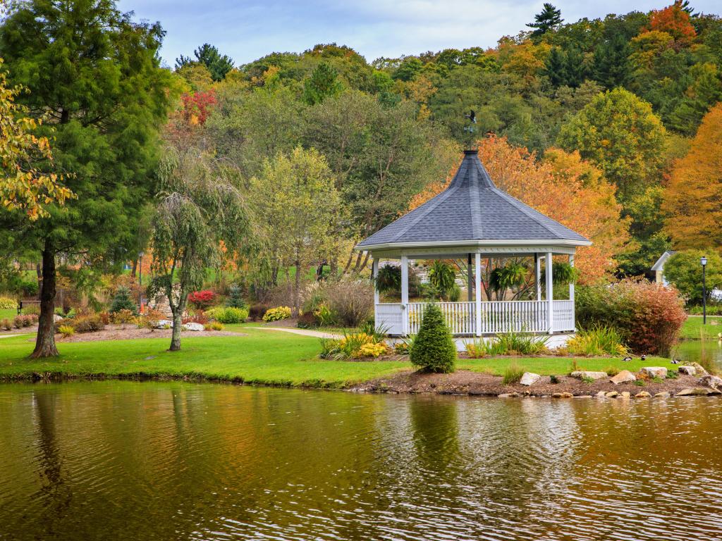 Autumn view of Broyhill Park and Mayview Lake in downtown Blowing Rock, North Carolina.