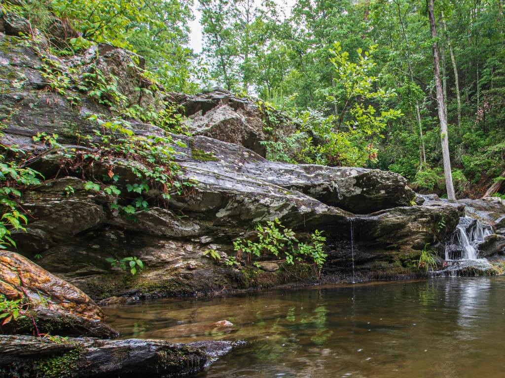 Cheaha State Park, Talladega National Forest, Alabama, USA with a scenic view of rock formations and lush forest in Devil's Den.