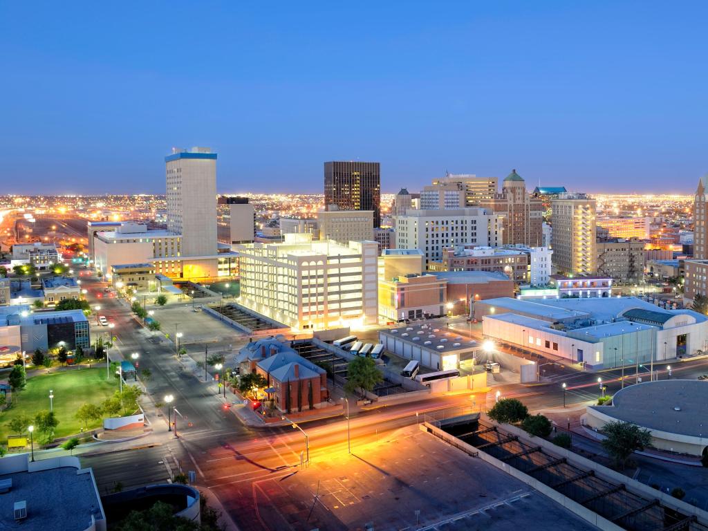 El Paso, Texas, USA Skyline at night with the downtown skyline seen just after sunset. 