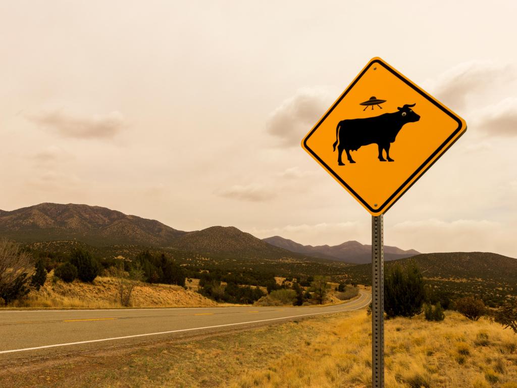 Cow Alien Abduction Road Sign along the Turquoise Trail, Route 66 Scenic Byway, in springtime between Santa Fe and Albuquerque, New Mexico.