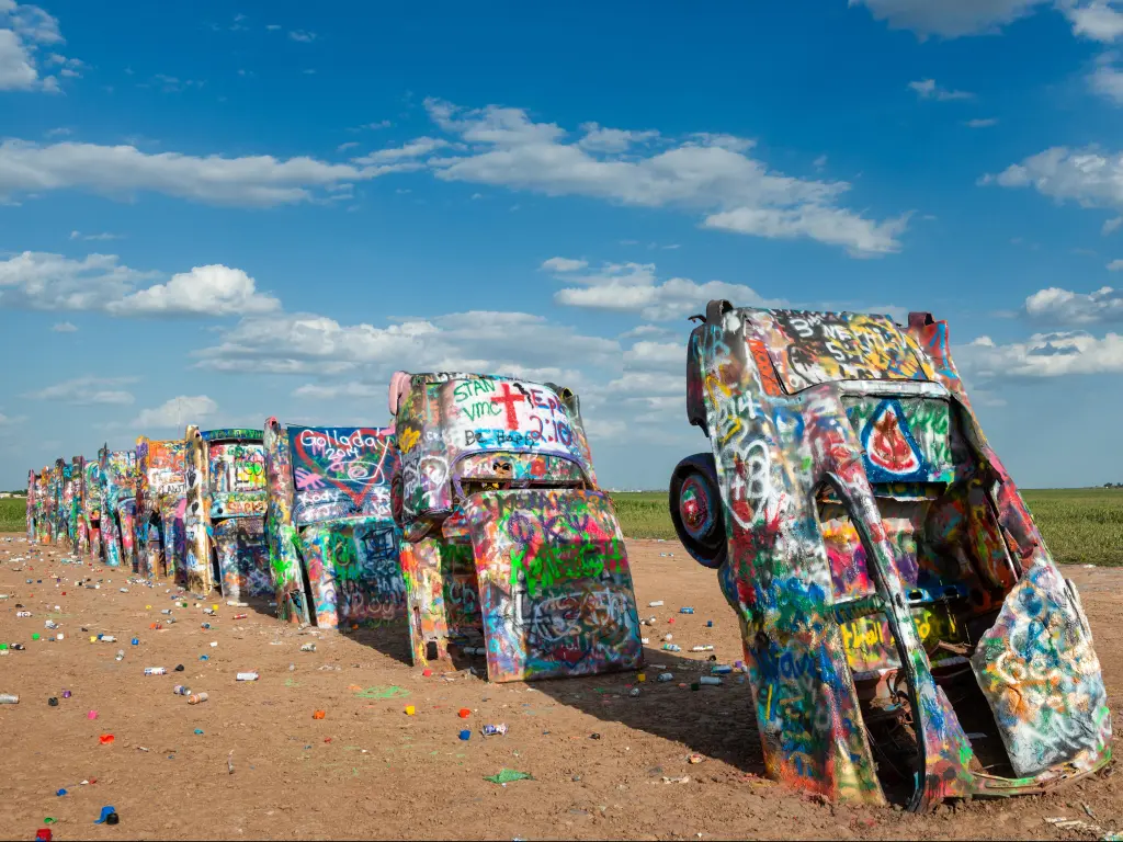 Amarillo, Texas, USA with a view of the Cadillac Ranch along the US Route 66, taken on a sunny day.