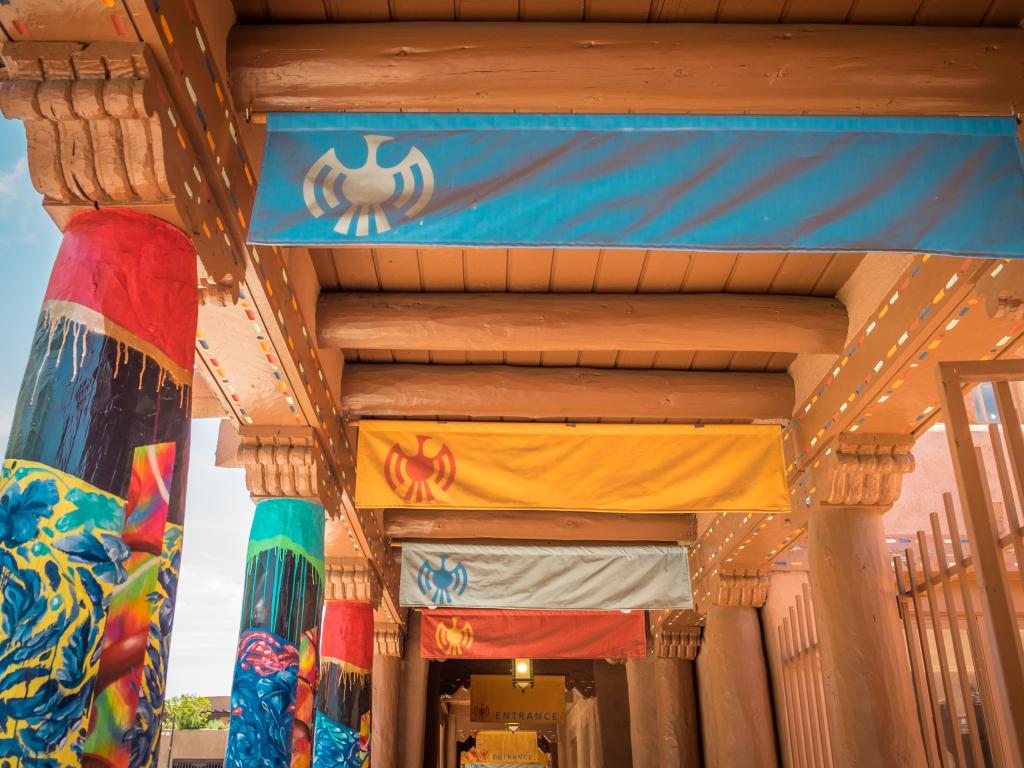 Santa Fe, New Mexico, USA with a view of a colorful walkway in the plaza in downtown Santa Fe.