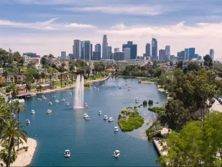 Aerial view of Echo Park with downtown Los Angeles skyline