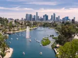 Aerial view of Echo Park with downtown Los Angeles skyline