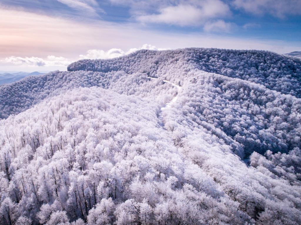 Blue Ridge Parkway with forest white with frost