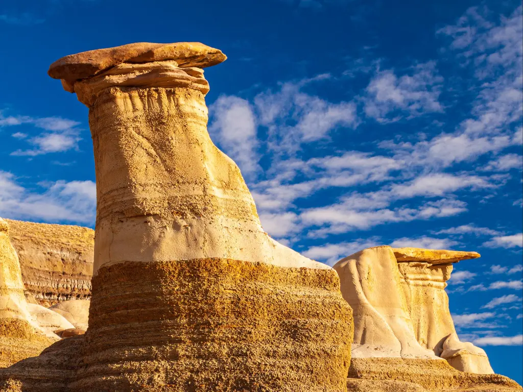 Hoodoos geologic formation on a bright day in the badlands near Drumheller