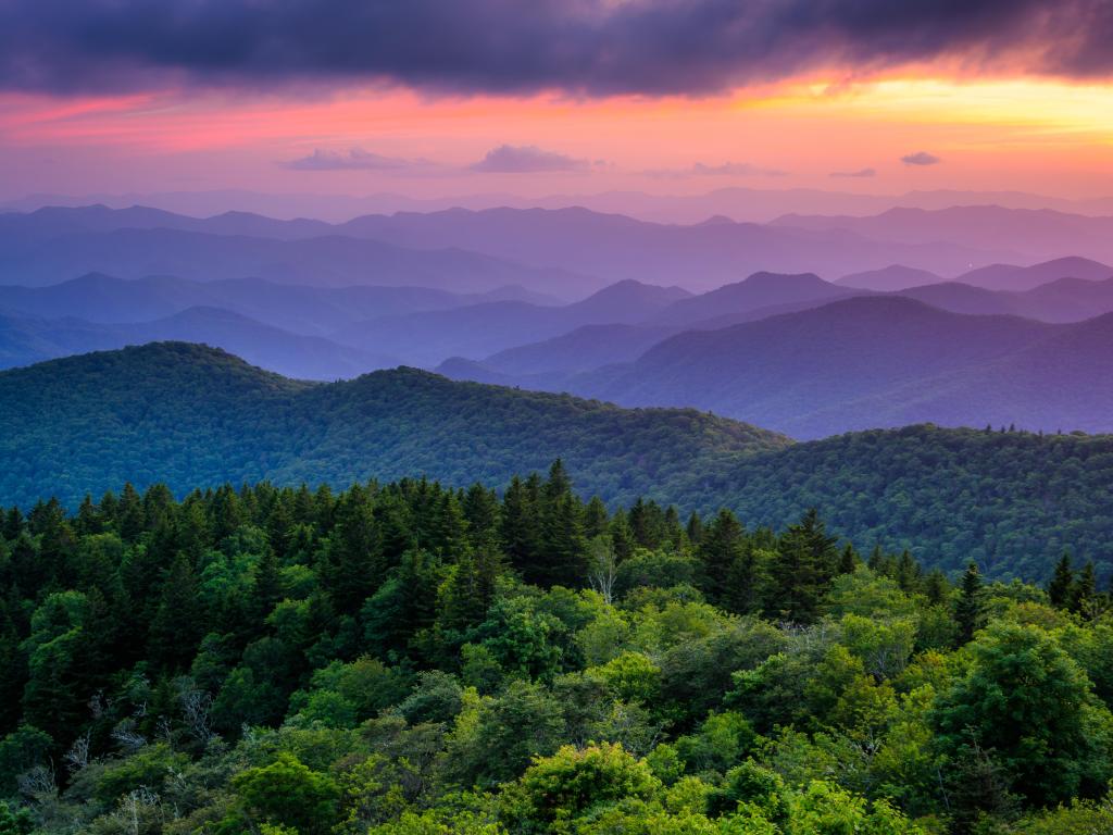 Sunset from Cowee Mountains Overlook, on the Blue Ridge Parkway in North Carolina.
