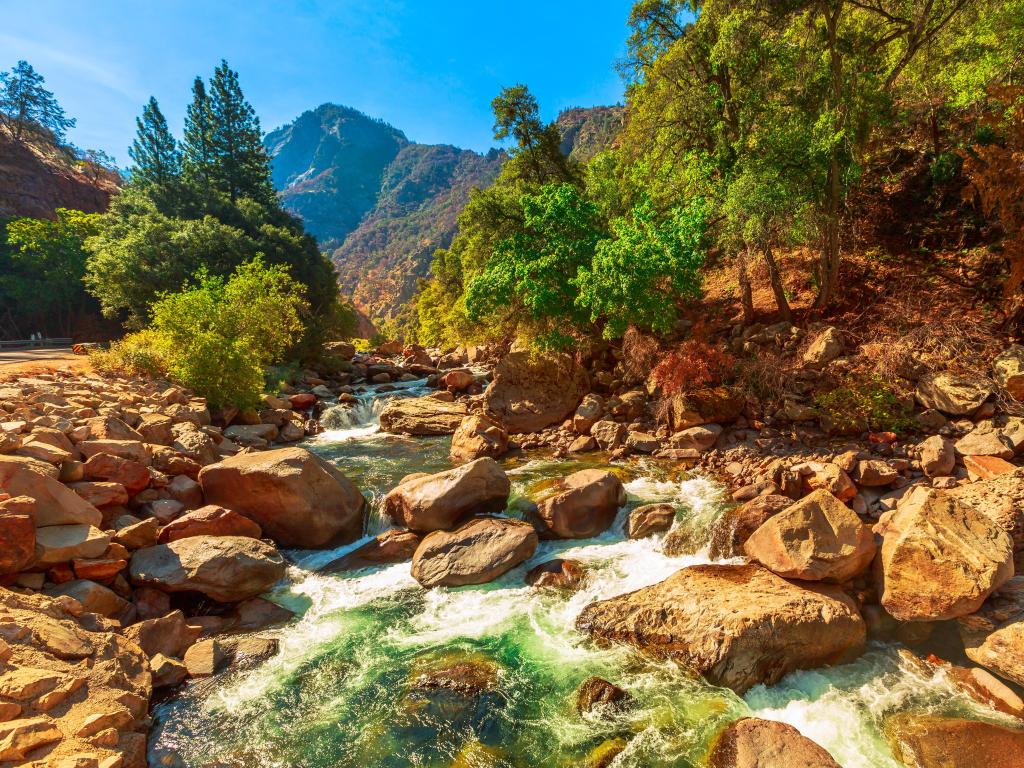 Water babbling over rocks in Kings Canyon National Park on a sunny day in California, not far from Highway 180