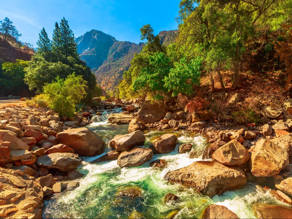 Water babbling over rocks in Kings Canyon National Park on a sunny day in California, not far from Highway 180
