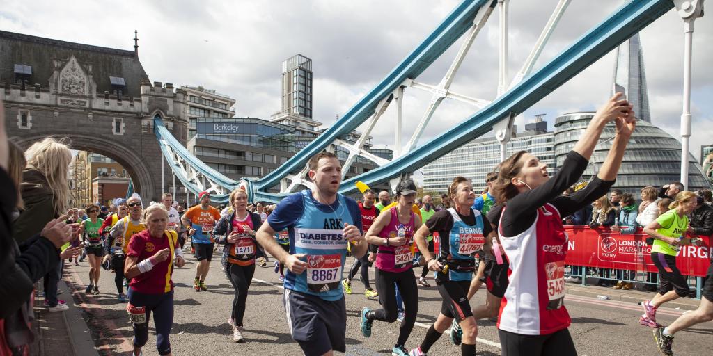 Runners going across Tower Bridge during the London Marathon