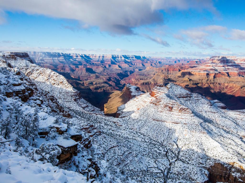 Grand Canyon National Park, USA with a winter landscape against blue skies.