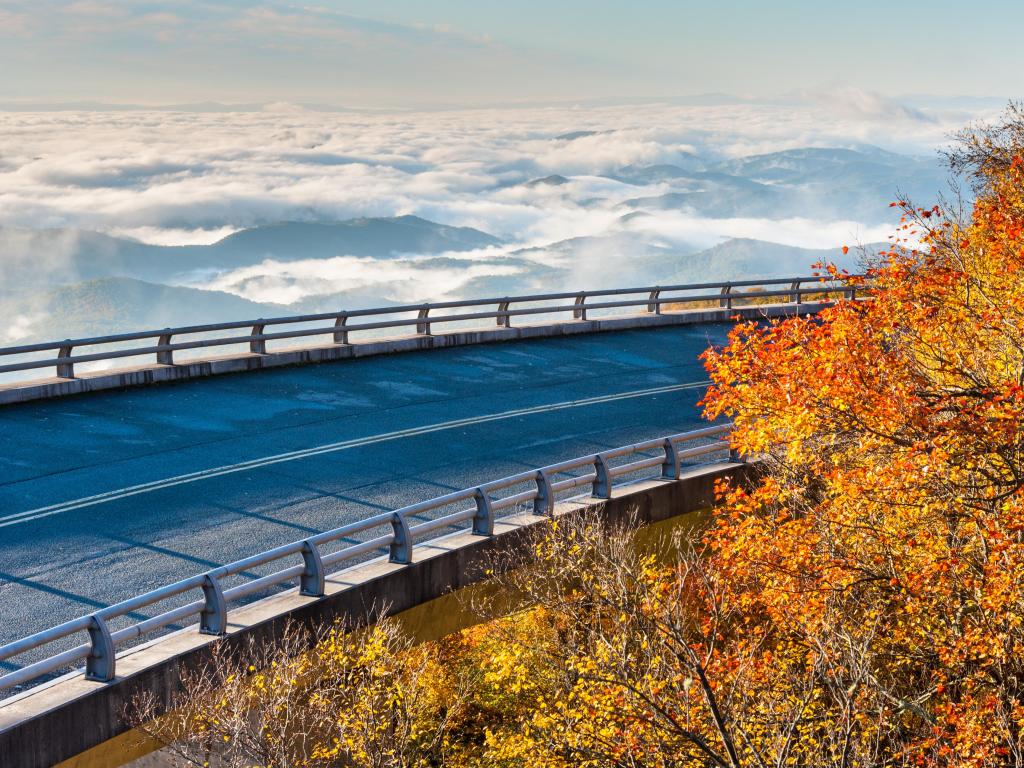 Blue Ridge Parkway, NC, USA with a view of the Linn Cove Viaduct and the valley during the fall. 